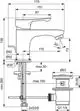 Waschtischarmatur in Chrom mit Ablaufsystem, gefertigt von Ideal Standard. Maße und technische Details sind in der Zeichnung dargestellt.
